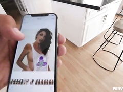 Playful brunette  is sucking a pretty long dick on the knees