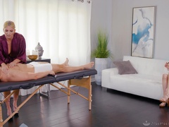 Man humps two gorgeous women during a kinky massage play