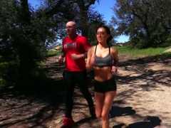 Fantastic sporty jogger with nice tits is ready for quite hard doggy sex