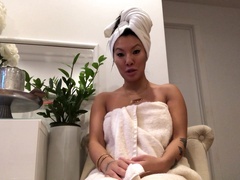 Asian milf strips off her underwear then masturbates and fucked her shaved pussy