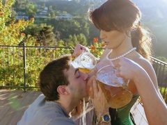 Grownup stepson enjoys drinking beer from mommy's big boobs and enjoys pussy snack