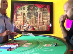 Magnificent blonde sexy woman blows enormous black dick and fucks on the sofa