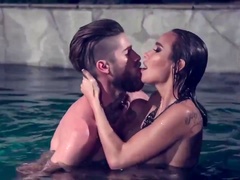 Spunky lady with hefty, rock hard funbags is boinking a beautiful stranger next to the swimming pool