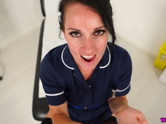 Horn-mad nurse Jasmine Lau flashes tits while wanking fake cock