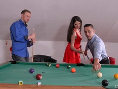 Sexy wife tries hard fucking two dudes at the bar