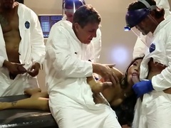 Eight scientists bang naked Asian MILF in all her welcoming holes