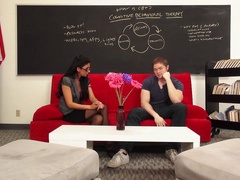 Gorgeous dark-haired MILF getting banged on the comfy red couch