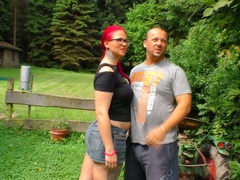 Tattooed bright slut with pink hair gives dude a titfuck right on the green lawn