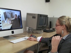 Babe in glasses gets fucked and jizzed in the office chair