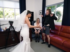 Fucking on the leather sofa with slutty newly wedded wife and a MILF