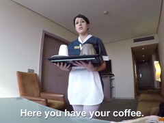 After sucking fat cock horny maid gives hotel guest a good ride on top