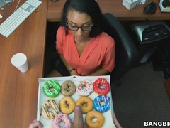 Curvy ebony at the office in her first porn POV tryout