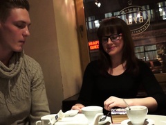 Geeky coed in black gets an up close and personal lesson in sex