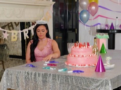 Birthday girl receives dick to pump her tiny holes and cream her