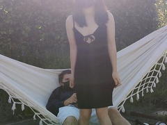 My asian neighbor helps me test my hammock... it ends in orgasm and creampie