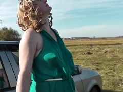 Milf Beautiful Sexy Blonde Outdoors On River Bank Washes Car Without Panties And Bra Under Dress. No Panties In Public